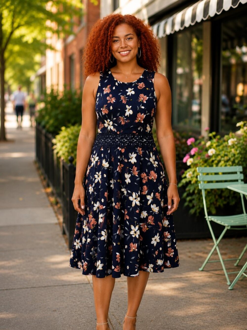 CIVIN Floral Fit & Flare Midi Dress | Size L | Navy Sleeveless Lace Waist Dress